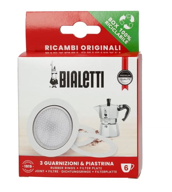 Bialetti 0800034, Set med filterhållare och tätning, Bialetti Moka Express, Silver, Vit, Gjuten aluminium, Gummi