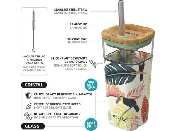Quokka Liquid Cube - 540 ml glasskrus med sugerør i rustfritt stål (tukaner)