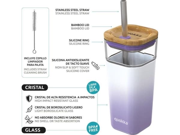 Quokka Liquid Cube - Glasmugg 540 ml med sugrör av rostfritt stål (lila gradient)