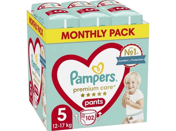 PAMPERS Premium buksebleer Størrelse 5, 12-17kg, 102 stk.