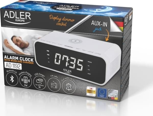 Adler vekkerklokke med trådløs lader AD 1192W AUX in, hvit, vekkerklokkefunksjon (AD 1192W)