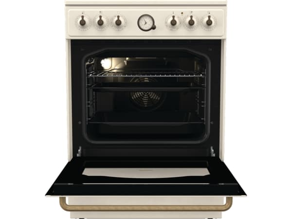 Gorenje GECS6B70CLI, Vapaasti seisova liesi, Beige, Rotaatio, Ruostumaton teräs, Yläosa edessä, Keraaminen