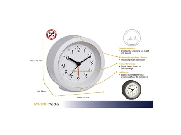 TFA-Dostmann 60.1029.02, Quartz vekkerklokke, Rund, Hvit, Analog, Batteri, AA