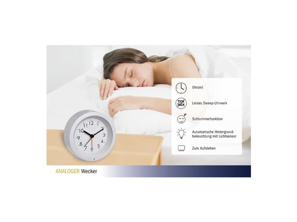 TFA-Dostmann 60.1029.02, Quartz vekkerklokke, Rund, Hvit, Analog, Batteri, AA