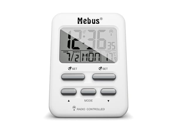 Mebus 25800, Digital vekkerklokke, Rektangel, Hvit, 12/24h, F, °C, Blå