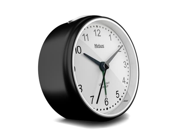 Mebus 25806, Quartz vekkerklokke, Rund, Sort, Hvit, 12 timers, Hvit, Analog