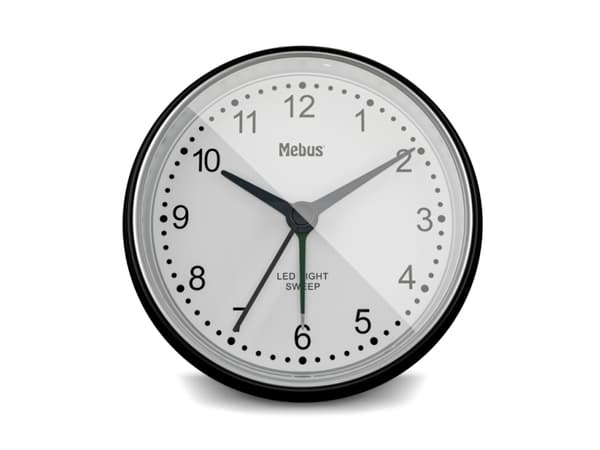 Mebus 25806, Quartz vekkerklokke, Rund, Sort, Hvit, 12 timers, Hvit, Analog