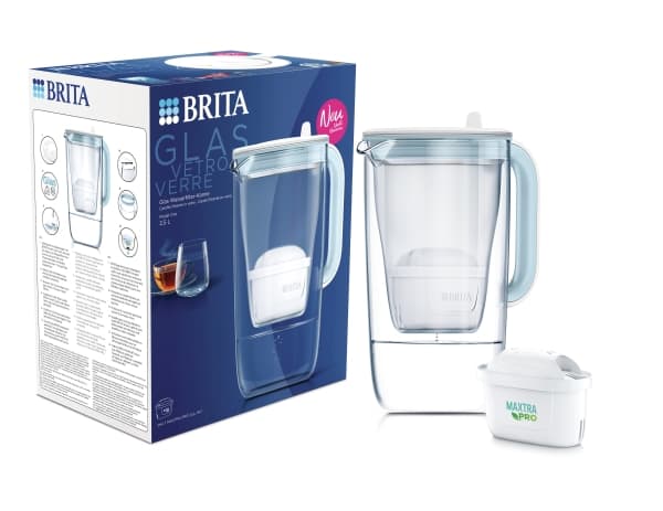 BRITA Glass - Vannfiltermugge - Størrelse 19.3 x 13.8 cm - Høyde 27.7 cm - 2.5 L - lys blå