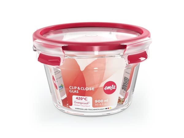 EMSA CLIP & CLOSE N1040400, Laatikko, Pyöreä, 0,9 L, Läpinäkyvä, Lasi, 420 °C