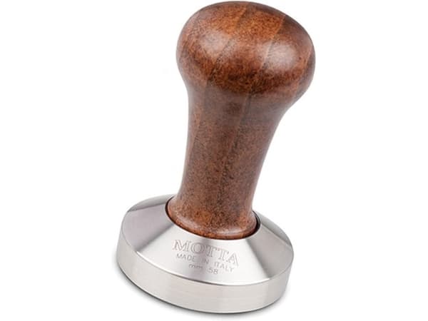 Motta 8100/M Tamper i rostfritt stål planar med brunt handtag i äkta trä 58 mm