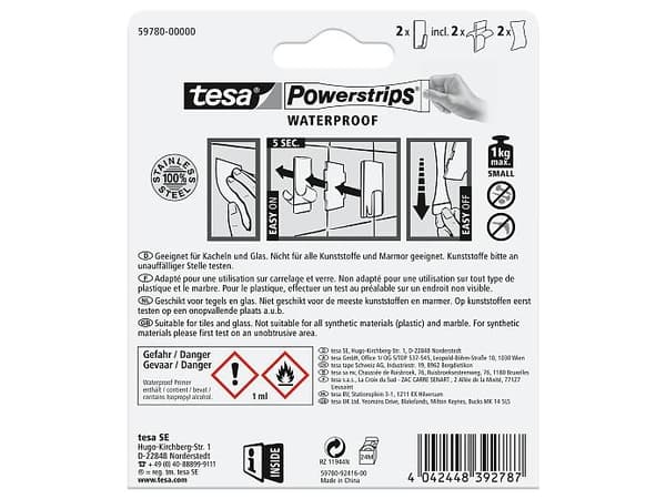 TESA 59780-00000, inomhus, Handdukskrok, Rostfritt stål, Rostfritt stål, Självhäftande remsa, 1 kg