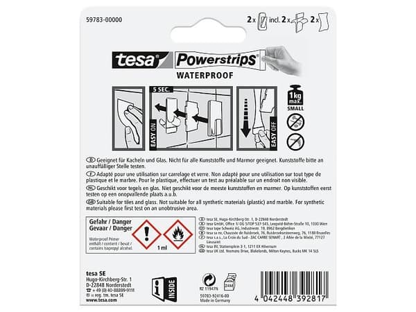 TESA 59783-00000, Innendørs, Håndklekrok, Hvit, Metall, Plast, Limstrimmel, 1 kg