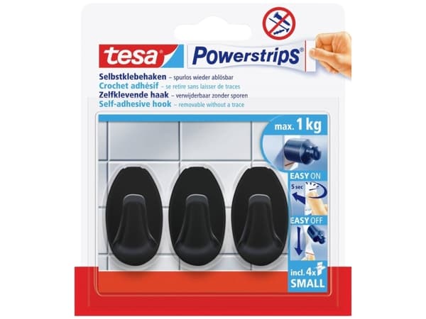 TESA Powerstrips, inomhus, Universalkrok, Svart, Polystyren (PS), Självhäftande remsa, 1 kg