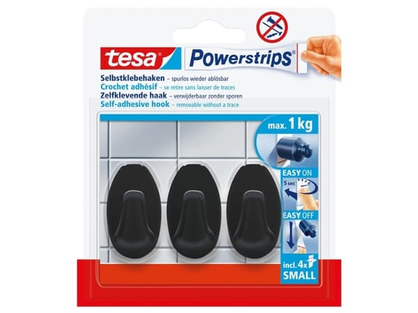 TESA Powerstrips, inomhus, Universalkrok, Svart, Polystyren (PS), Självhäftande remsa, 1 kg
