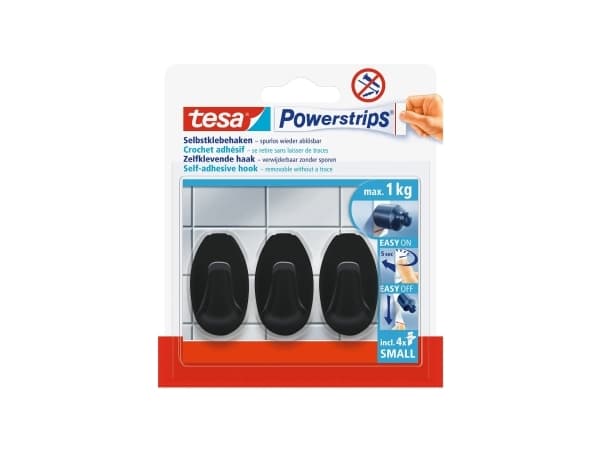 TESA Powerstrips, inomhus, Universalkrok, Svart, Polystyren (PS), Självhäftande remsa, 1 kg