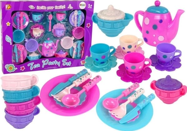 LeanToys tekopper, tallerkener, bestikk, boller, lilla