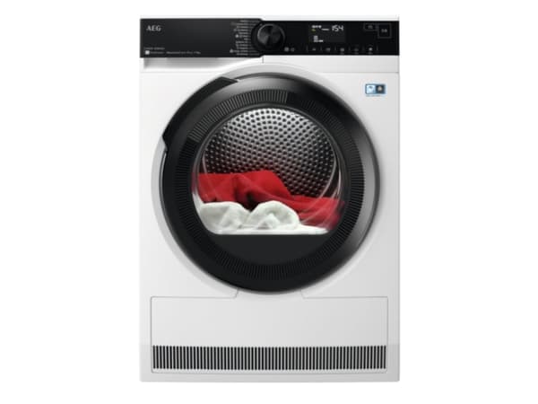 AEG TR939M4ZE, Frittstående, Frontmatet, Varme pumpe, Hvit, Rotasjon, Berøringskontroll, Glassdør Hvit