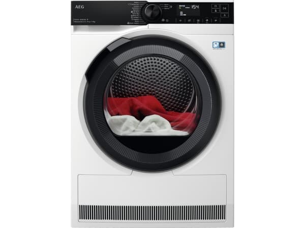AEG TR939M6CE, Vapaasti seisova, Edestä täytettävä, Lämpöpumppu, Valkoinen, Rotaatio, Kosketus, Oikea