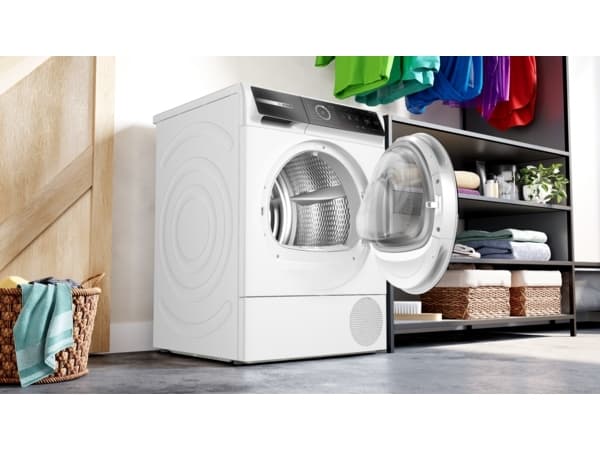 Bosch Serie 8 WQB246C40, Frittstående, Frontmatet, Varme pumpe, Hvit, Berøringskontroll, Riktig/Høyre
