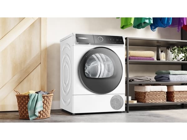 Bosch Serie 8 WQB246C40, Frittstående, Frontmatet, Varme pumpe, Hvit, Berøringskontroll, Riktig/Høyre