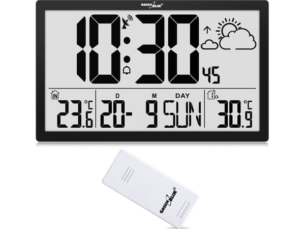 GreenBlue LCD-väggklocka extra stor GreenBlue GB218 temperatur, datum