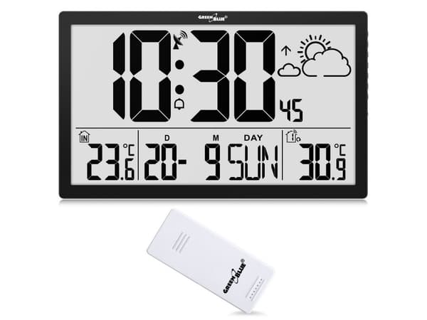 GreenBlue LCD-väggklocka extra stor GreenBlue GB218 temperatur, datum