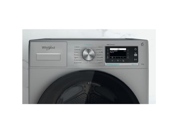 Whirlpool W7 D93SB EE, Fristående, Frontmatad, Värmepump, Silver, Knappar, Rotations-, Svart