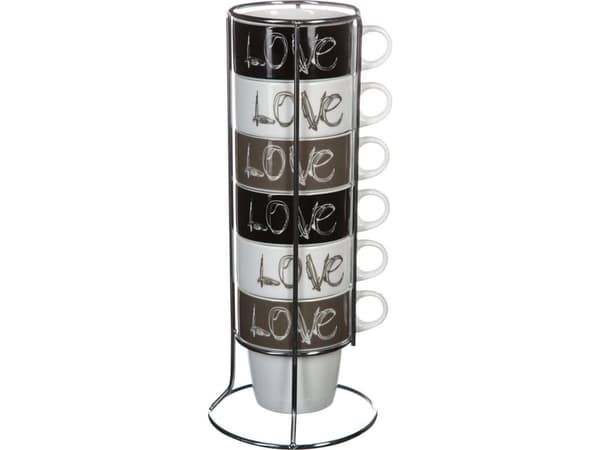 Art-Pol 6 porslinsmuggar på stativ, kaffemuggar, muggset, porslinsmuggar, svarta muggar, muggar på stativ