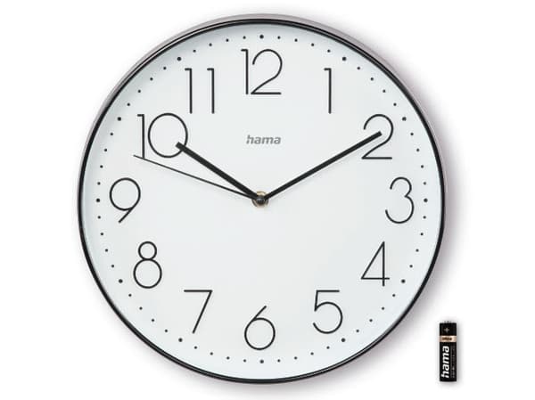 Hama Corsica, Vegg, Kvartsklokke, Rund, Svart, Hvit, Plast, Glass
