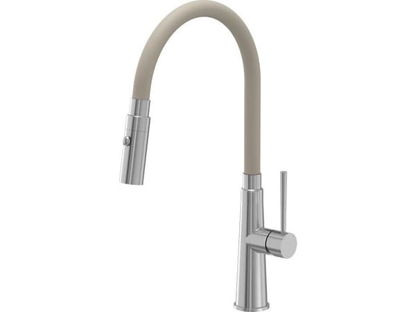 Steiner GINA SteelQ köksblandare i stål med flexibel pip, slang i stål/beige