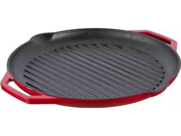 GRAND FEU cast iron frying pan, enameled, ribbed, red color