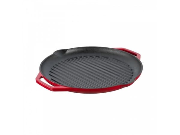 GRAND FEU cast iron frying pan, enameled, ribbed, red color
