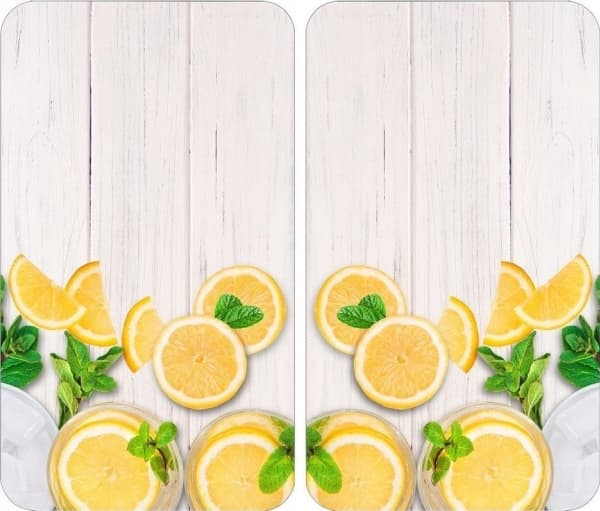 Anker Två glasskyddsbrädor, tillverkade av härdat glas av högsta kvalitet, grafik med citroner liggande på brädorna, märke Wenke
