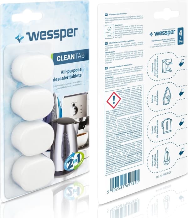 Wessper CleanTab yleiskäyttöinen kalkinpoistoaine espressokoneille, vedenkeittimille ja silitysraudoille tabletteina