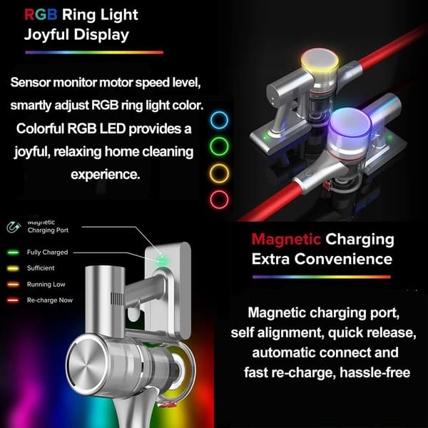 Trådløs støvsuger, 19500Pa sugekraft, RGB ringlys, EU