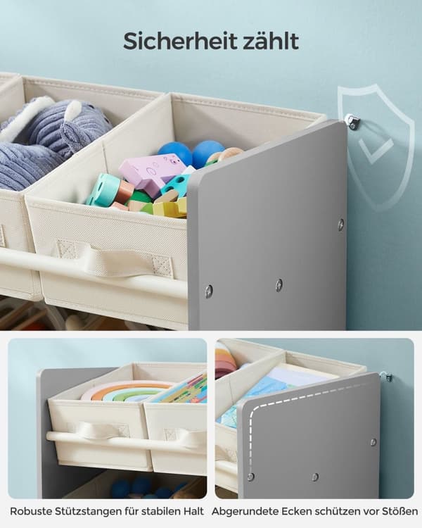 Rootz barnhylla med 9 lådor i non-woven tyg - hyllplan för barn - MDF-material - Dove Grey - 29,5 cm x 62,5 cm x 60 cm