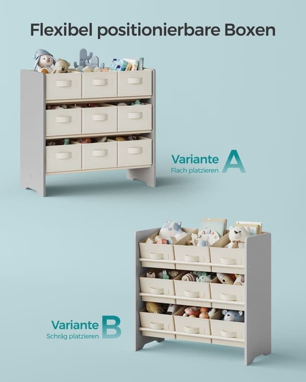 Rootz barnhylla med 9 lådor i non-woven tyg - hyllplan för barn - MDF-material - Dove Grey - 29,5 cm x 62,5 cm x 60 cm