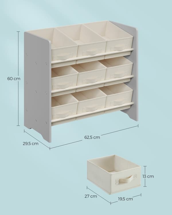 Rootz barnhylla med 9 lådor i non-woven tyg - hyllplan för barn - MDF-material - Dove Grey - 29,5 cm x 62,5 cm x 60 cm