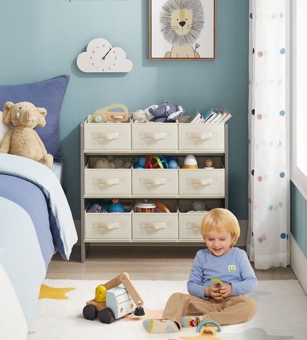 Rootz barnhylla med 9 lådor i non-woven tyg - hyllplan för barn - MDF-material - Dove Grey - 29,5 cm x 62,5 cm x 60 cm