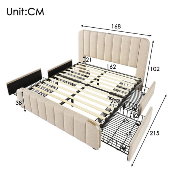 Golden Stripe och USB-C stoppad säng 160*200 cm, beige linne, med 4 lådor, 200 kg kapacitet (med madrass)
