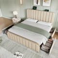 Miniatyrbild 2 av 5: Golden Stripe och USB-C stoppad säng 160*200 cm, beige linne, med 4 lådor, 200 kg kapacitet (med madrass)