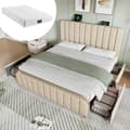 Miniatyrbild 1 av 5: Golden Stripe och USB-C stoppad säng 160*200 cm, beige linne, med 4 lådor, 200 kg kapacitet (med madrass)
