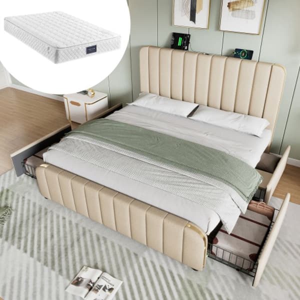 Golden Stripe och USB-C stoppad säng 160*200 cm, beige linne, med 4 lådor, 200 kg kapacitet (med madrass)