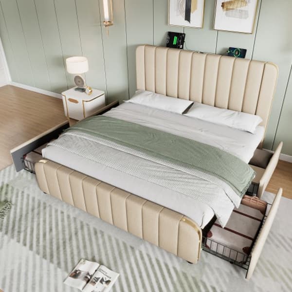 Dubbel sänggavel med gyllene band och USB Model-C-laddare 160*200 cm, beige linne, med 4 lådor (utan madrass)