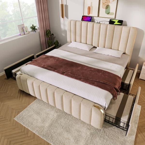 Klädd säng med guld dekorlister och USB 180*200 cm, beige linnetyg, med 4 lådor, (utan madrass)