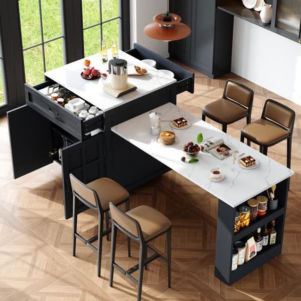 Uttdragbar bar med förvaringsutrymme (133-202 x 70 x 93,5 cm), med två lådor och fyra fack, svart