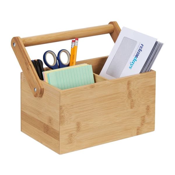 Relaxdays Bamboo Organizer med handtag, 4 fack, HxLxP: 24x26x15 cm, förvaring, skrivbordsorganisatör, natur