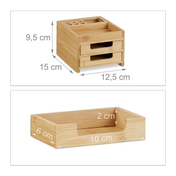 Relaxdays Bamboo Skrivbord Organizer Skrivbordsdispenser Pennhållare 2 lådor HxBxD: 9,5 x 12,5 x 15 cm, Natural