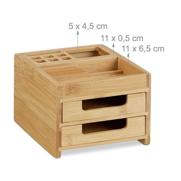 Relaxdays Bamboo Skrivbord Organizer Skrivbordsdispenser Pennhållare 2 lådor HxBxD: 9,5 x 12,5 x 15 cm, Natural