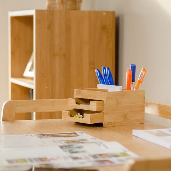 Relaxdays Bamboo Skrivbord Organizer Skrivbordsdispenser Pennhållare 2 lådor HxBxD: 9,5 x 12,5 x 15 cm, Natural